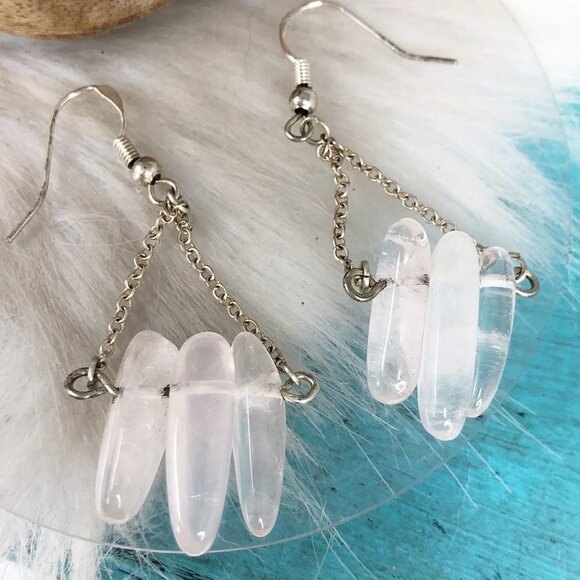 Rose Quartz 925 Pink Floating Dangle Earrings - Picture 3 of 7